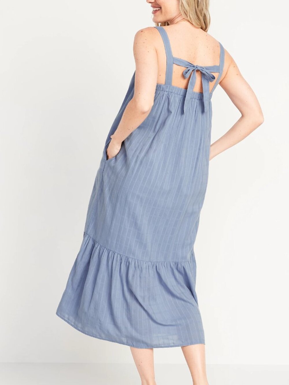 Tiered Windowpane Tie-Back Midi Swing Dress